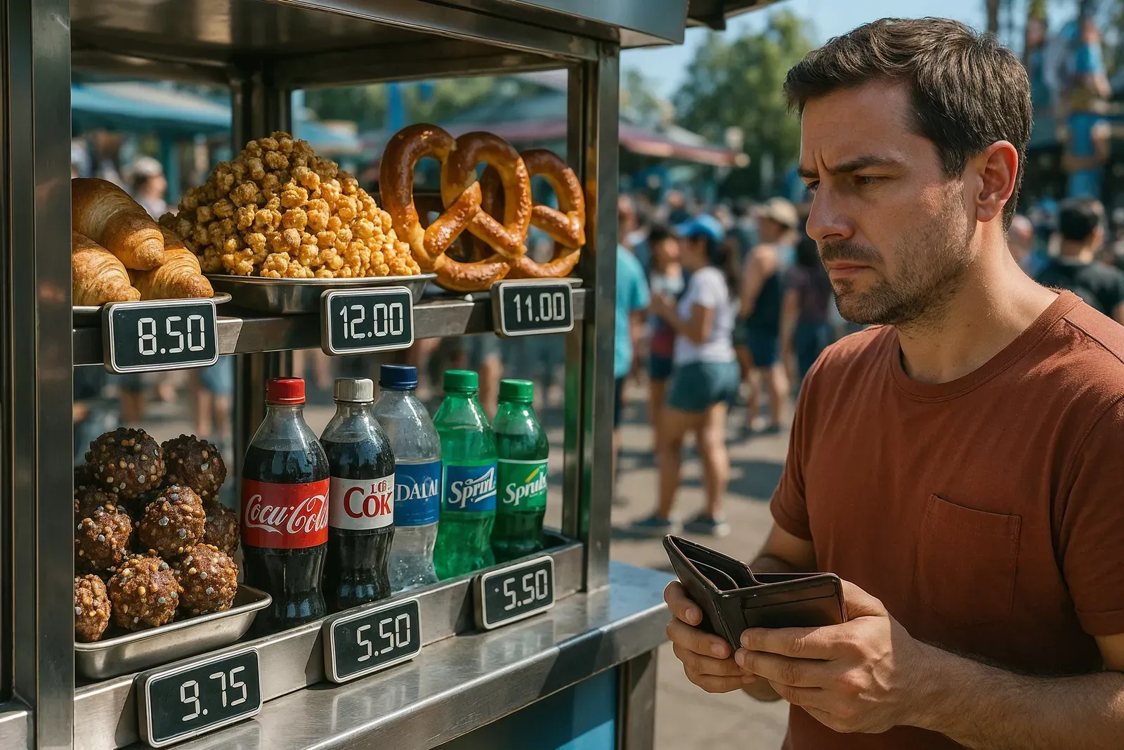 why theme parks are getting more expensive - expensive food and drinks at a theme park stand