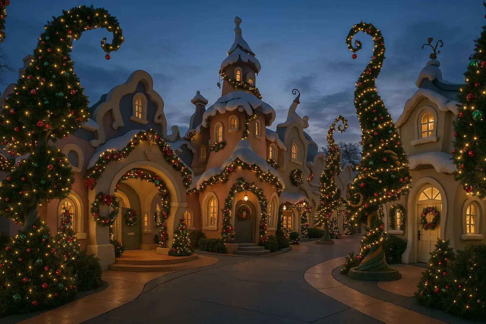 Whimsical Who-ville holiday decorations at Universal Christmas lights tour