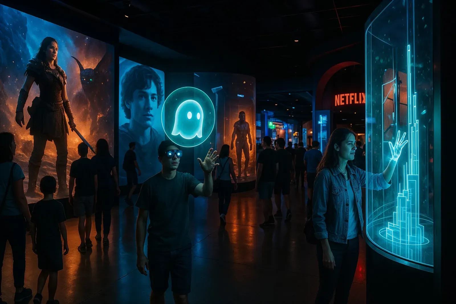 A hyper-realistic scene of how streaming services influence theme park attractions, showing visitors interacting with digital and AR installations in a modern venue.