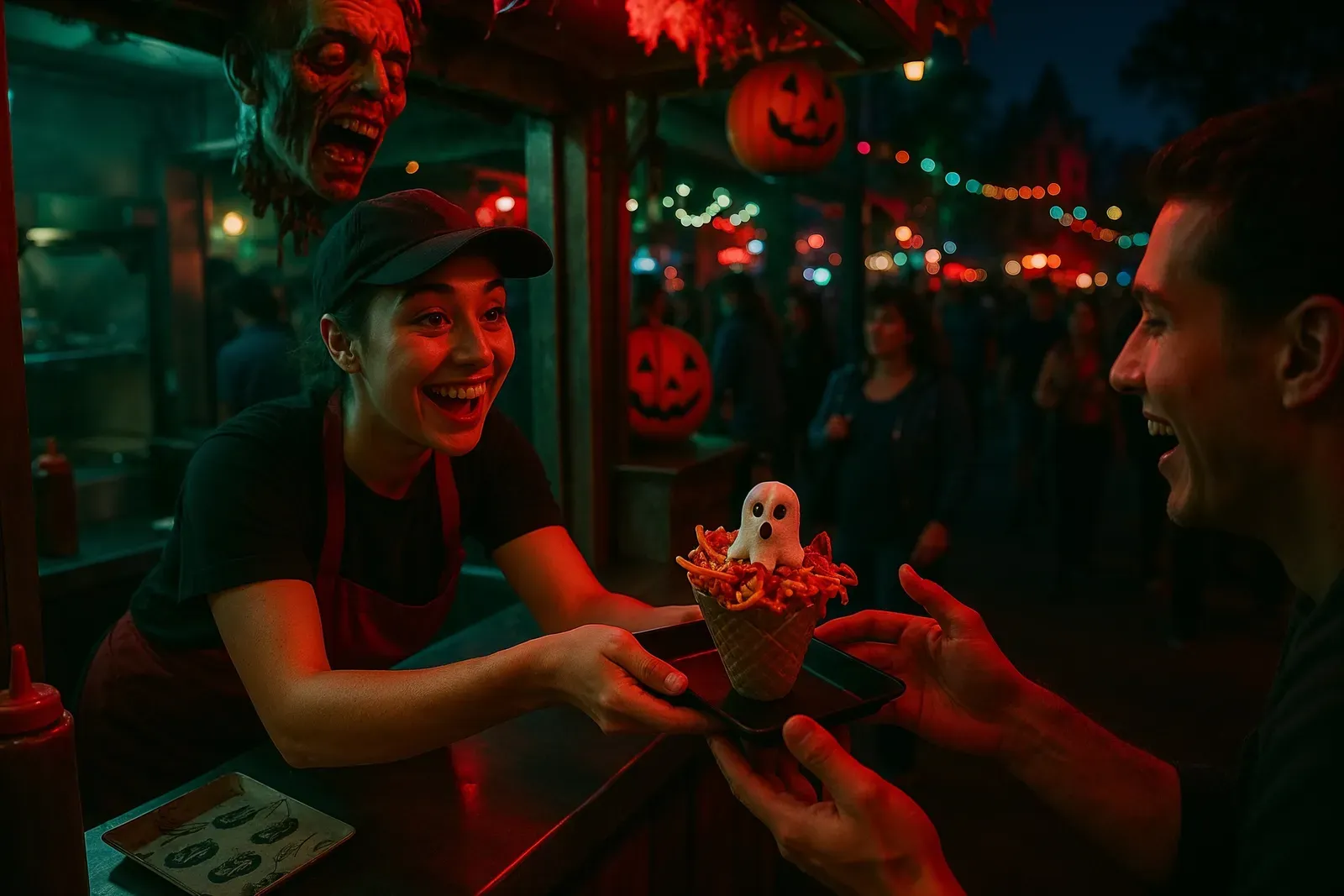 halloween horror nights food guide - theme park food booth serving spooky snacks
