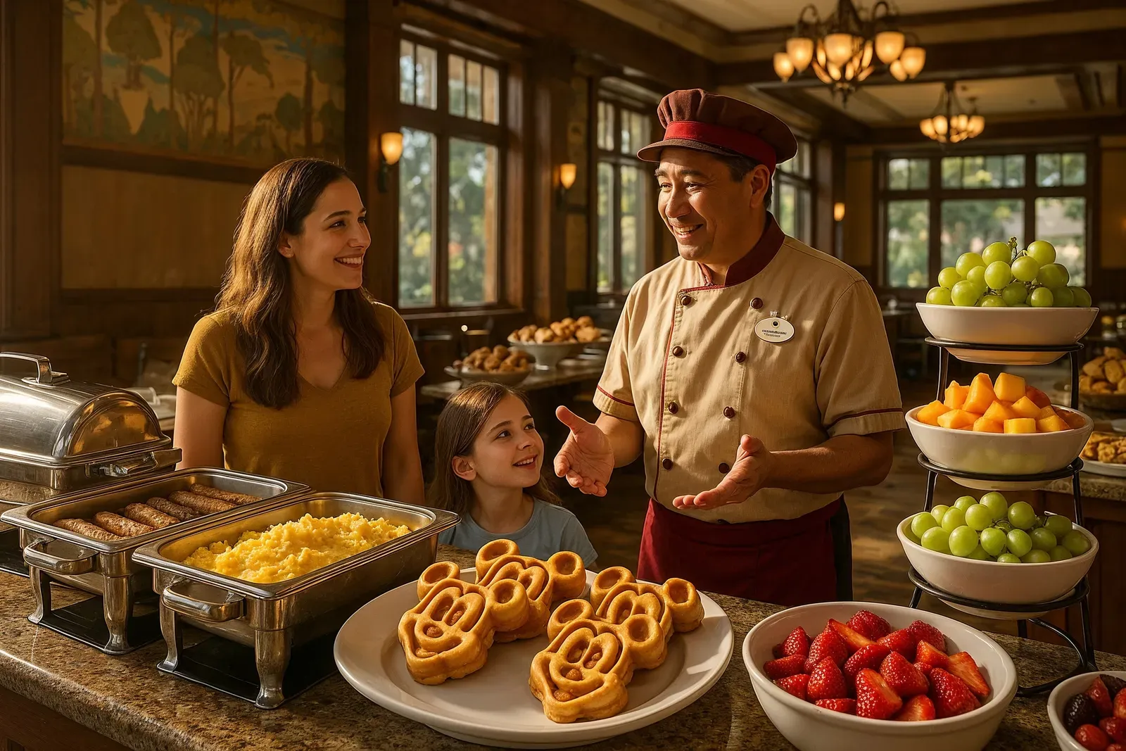 disneyland best character dining ranked by fans - breakfast buffet with Mickey waffles and themed decor