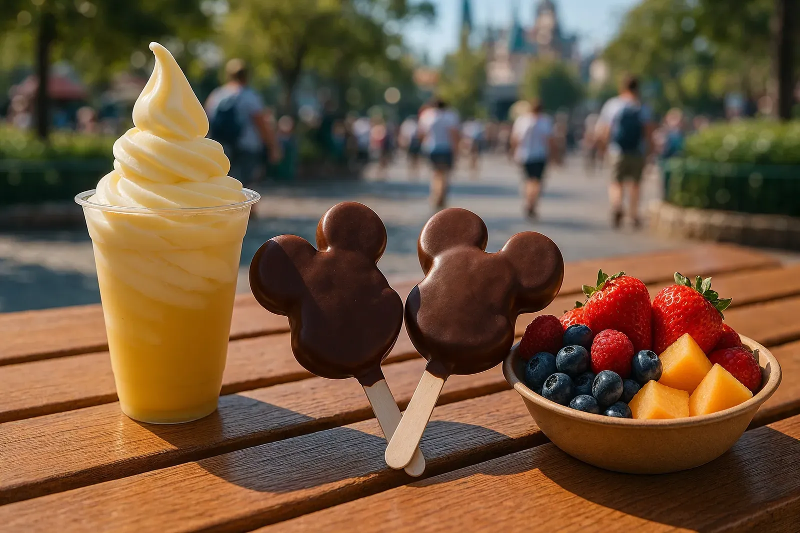 A vibrant assortment of top gluten free snacks at disneyland including Dole Whip and Mickey ice cream bars on a park bench