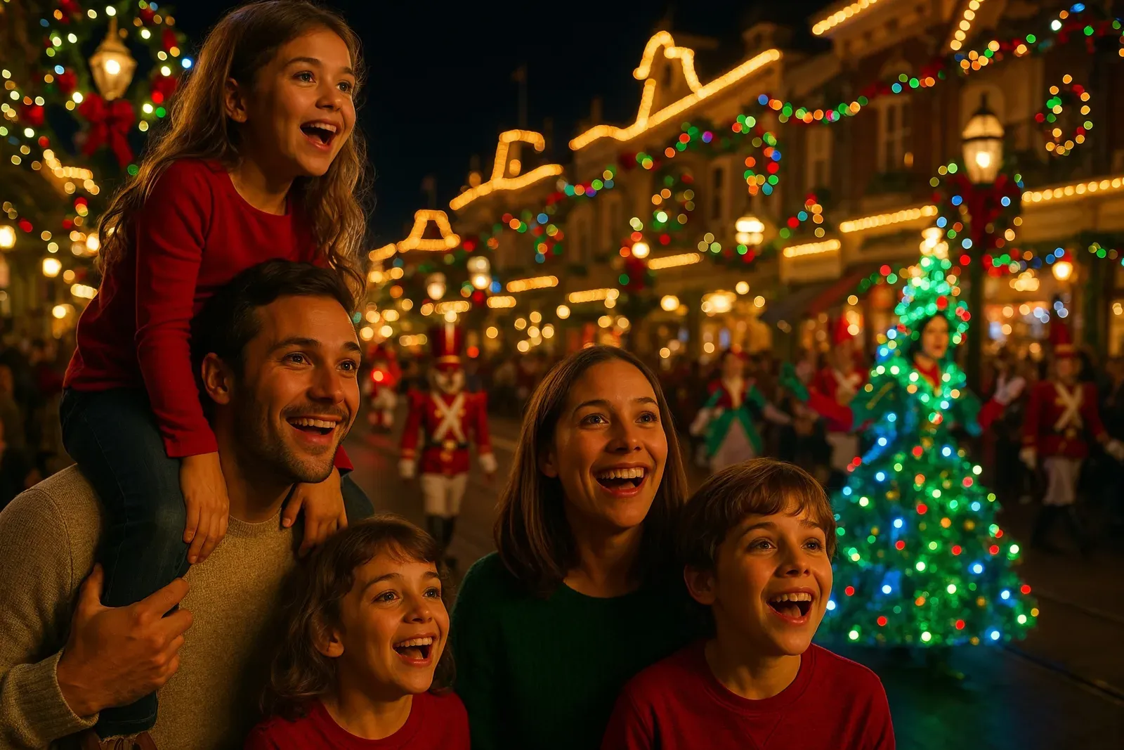 A family enjoying a Disney World holiday parade surrounded by festive lights and decorations, representing disney world holiday events for families.