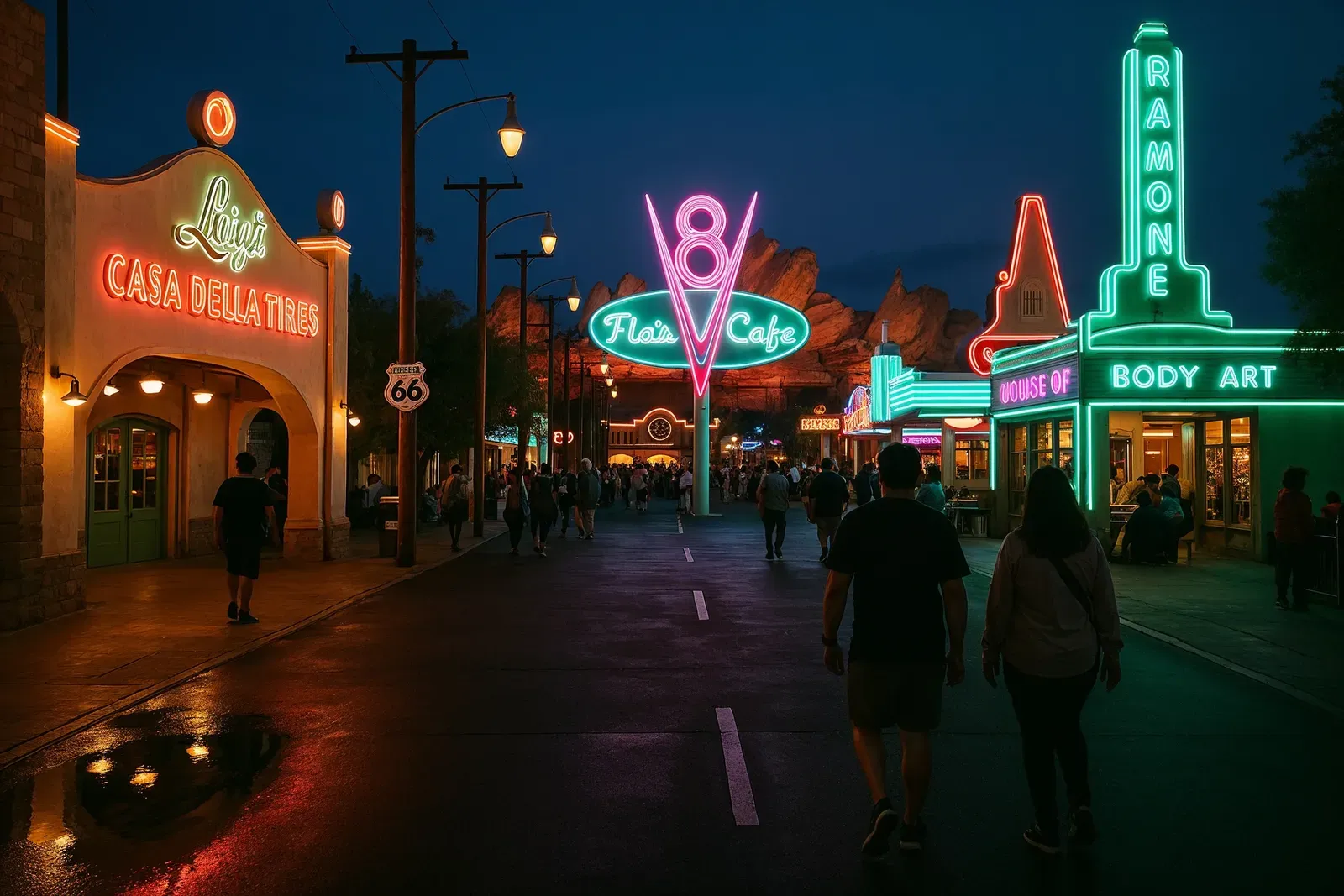 Hyper-realistic view of Cars Land neon lights at sunset for disney california adventure one day guide