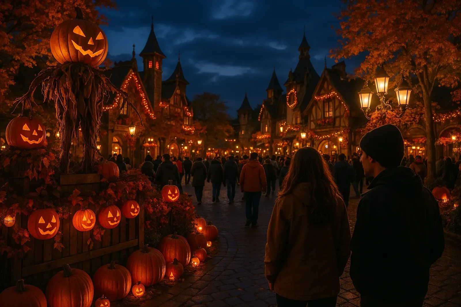 rise of seasonal events in theme parks, evening autumn festival decorations and visitors