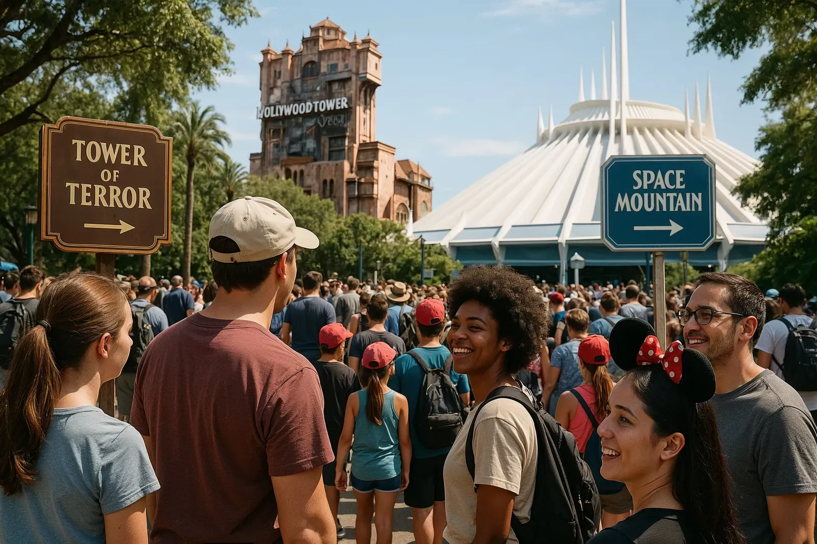 Guests near Tower of Terror and Space Mountain illustrating disney world most popular ride poll results