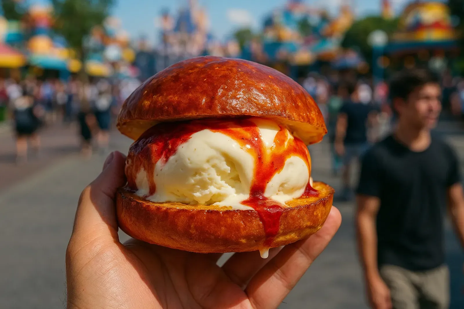 Hand holding a pressed brioche ice cream sandwich, one of the top Disney snacks chosen by readers