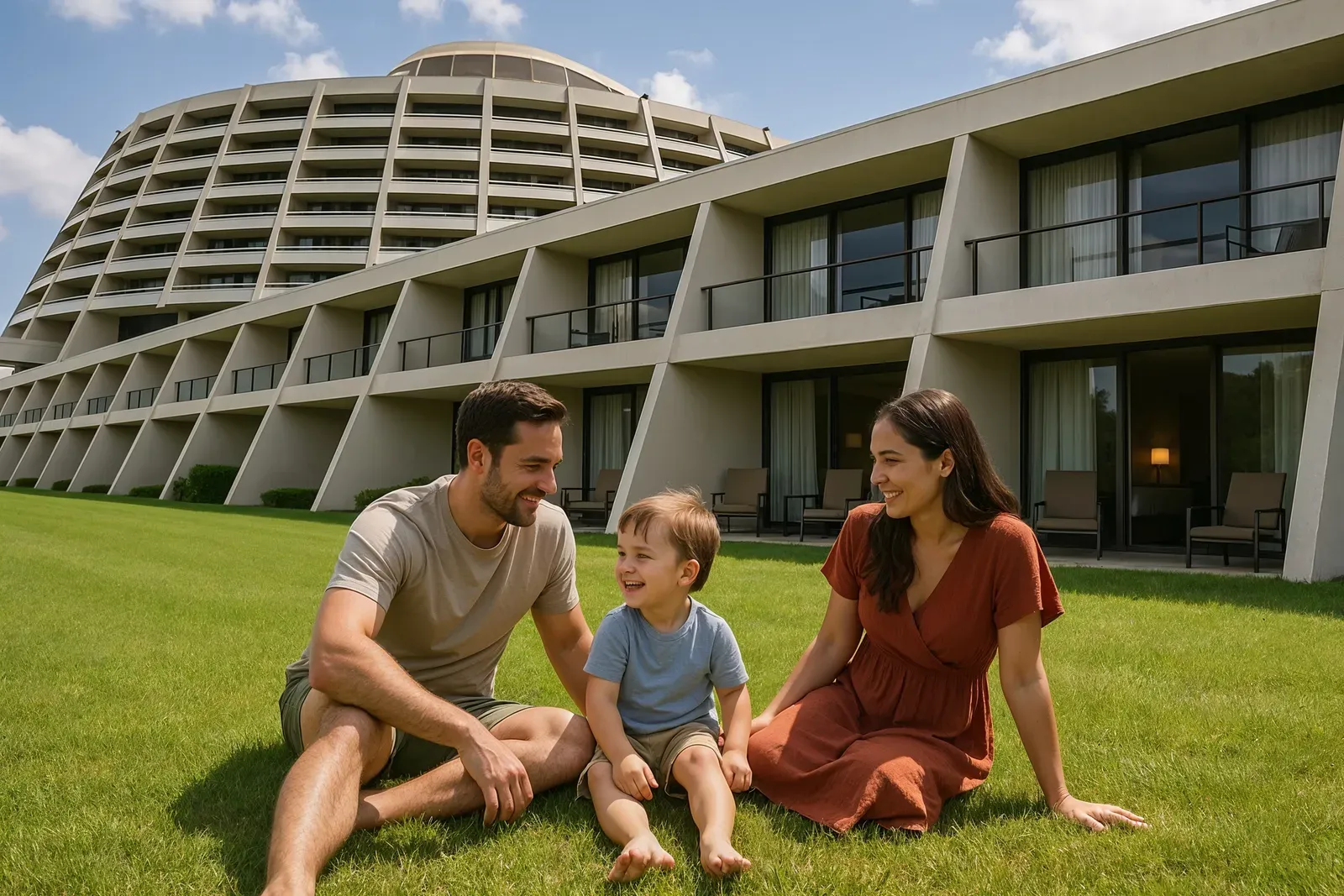 Family enjoying Garden Wing patio at Disney’s Contemporary Resort, review with kids