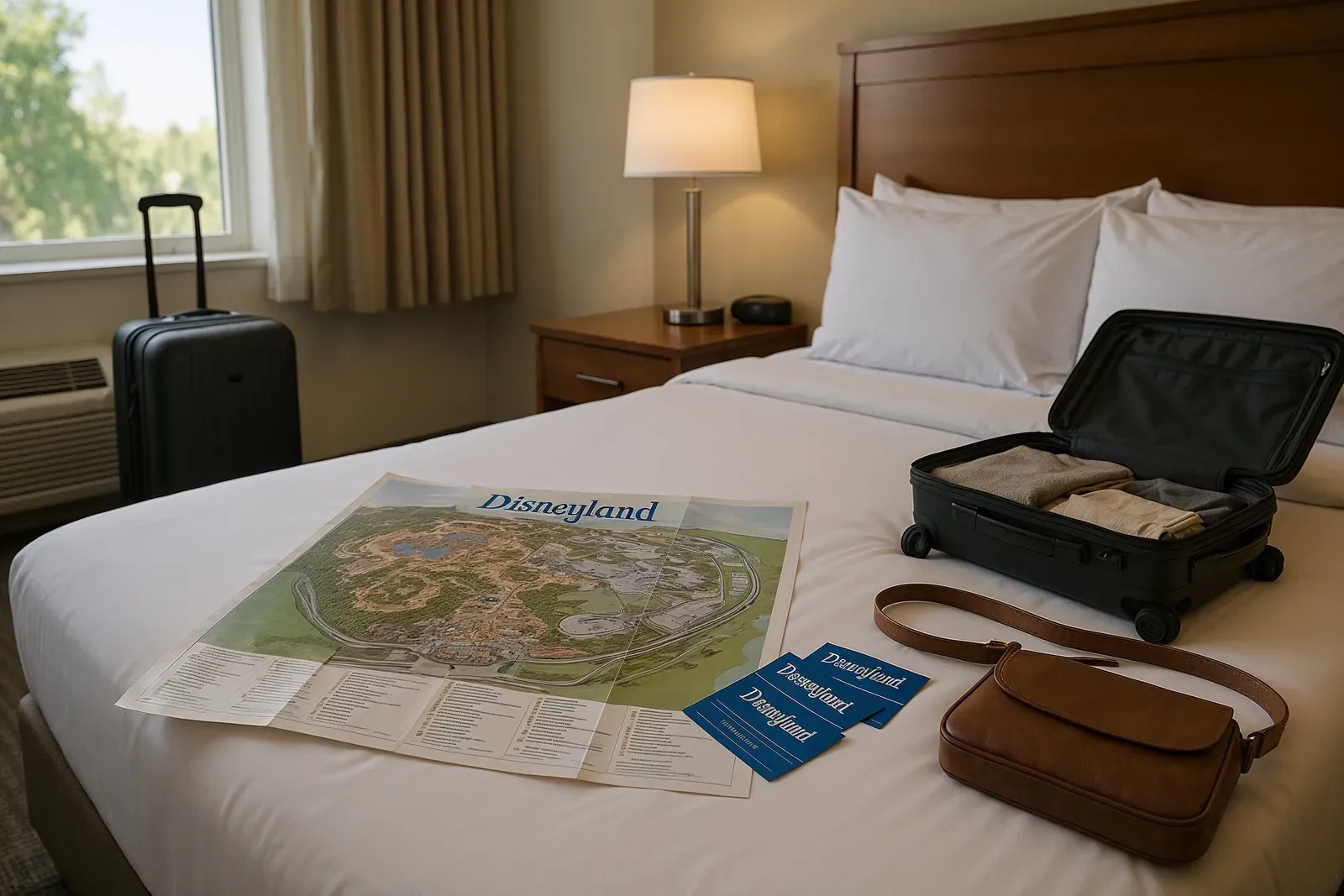 A hotel room near Disneyland with tickets and a park map for a budget Disney trip