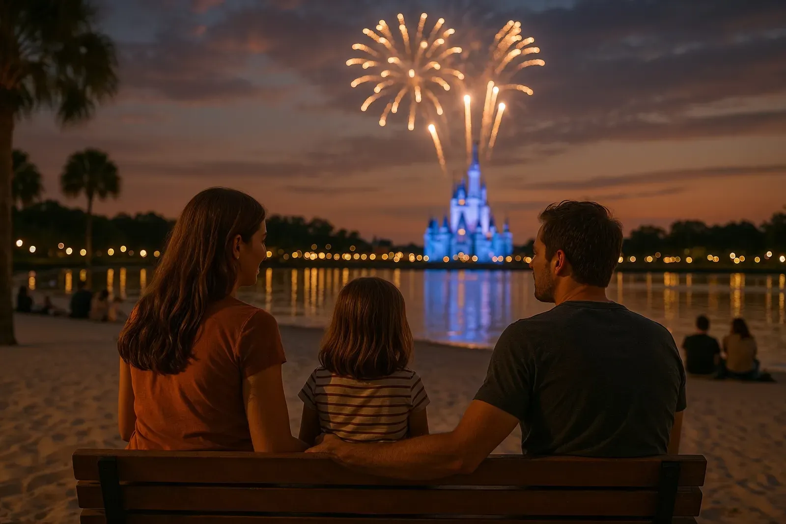Family viewing disney world new years eve fireworks best spots from Polynesian Village Resort beach at dusk