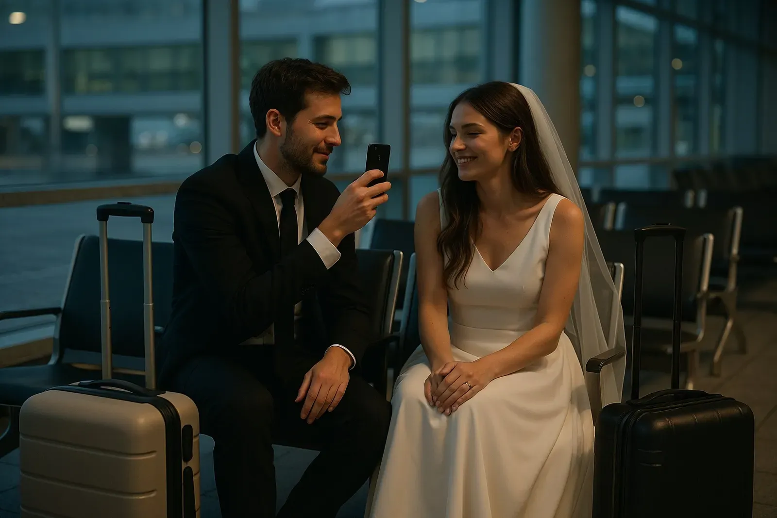 newlywed couple at airport beginning disney honeymoon travel story