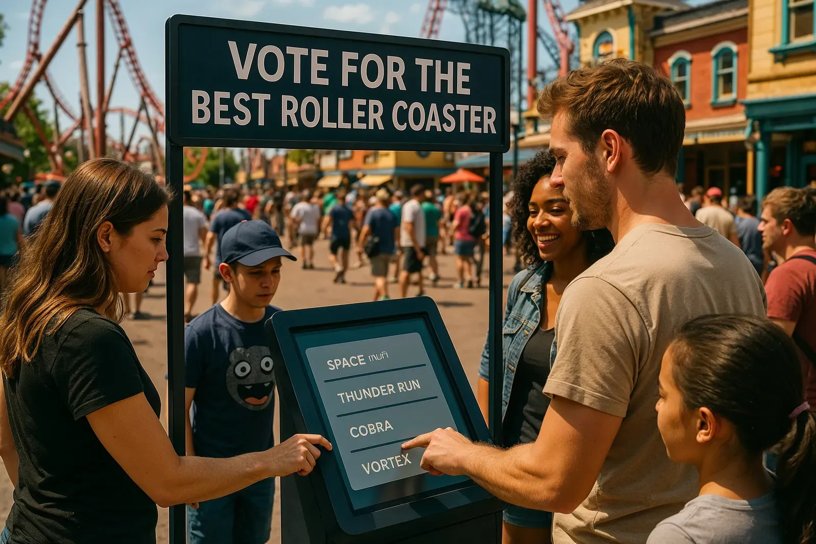 Visitors casting votes at a Six Flags best roller coaster community voting station