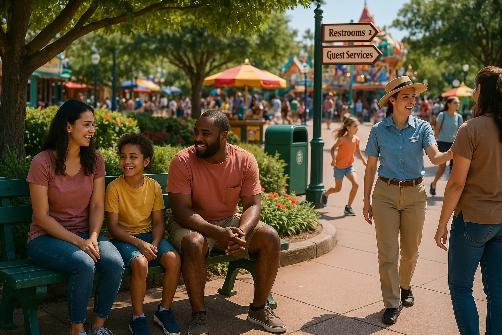 best amusement parks for families rest area with families relaxing and children playing