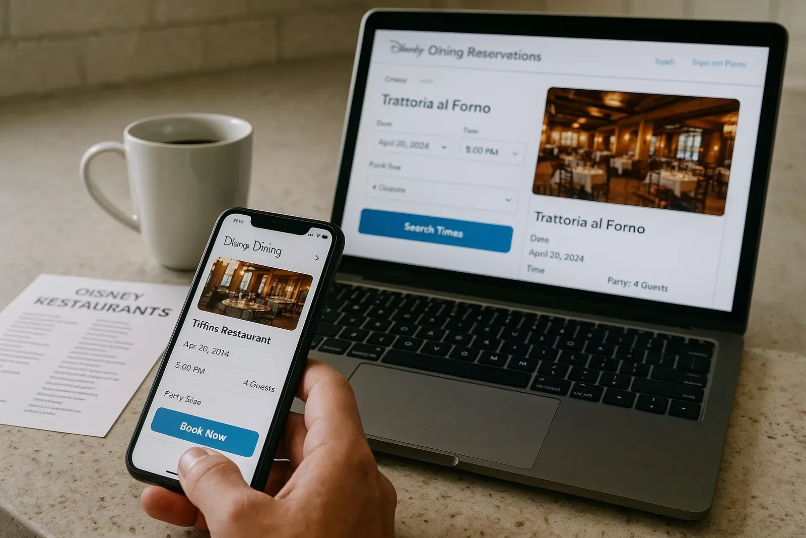 how to book disney dining reservations fast - close-up of hands using smartphone and laptop to book Disney dining