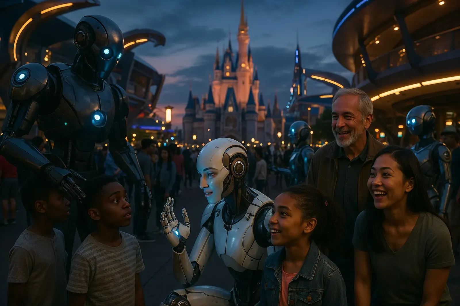 AI-powered robotics and interactive animatronics creating immersive storytelling moments in a Disney theme park