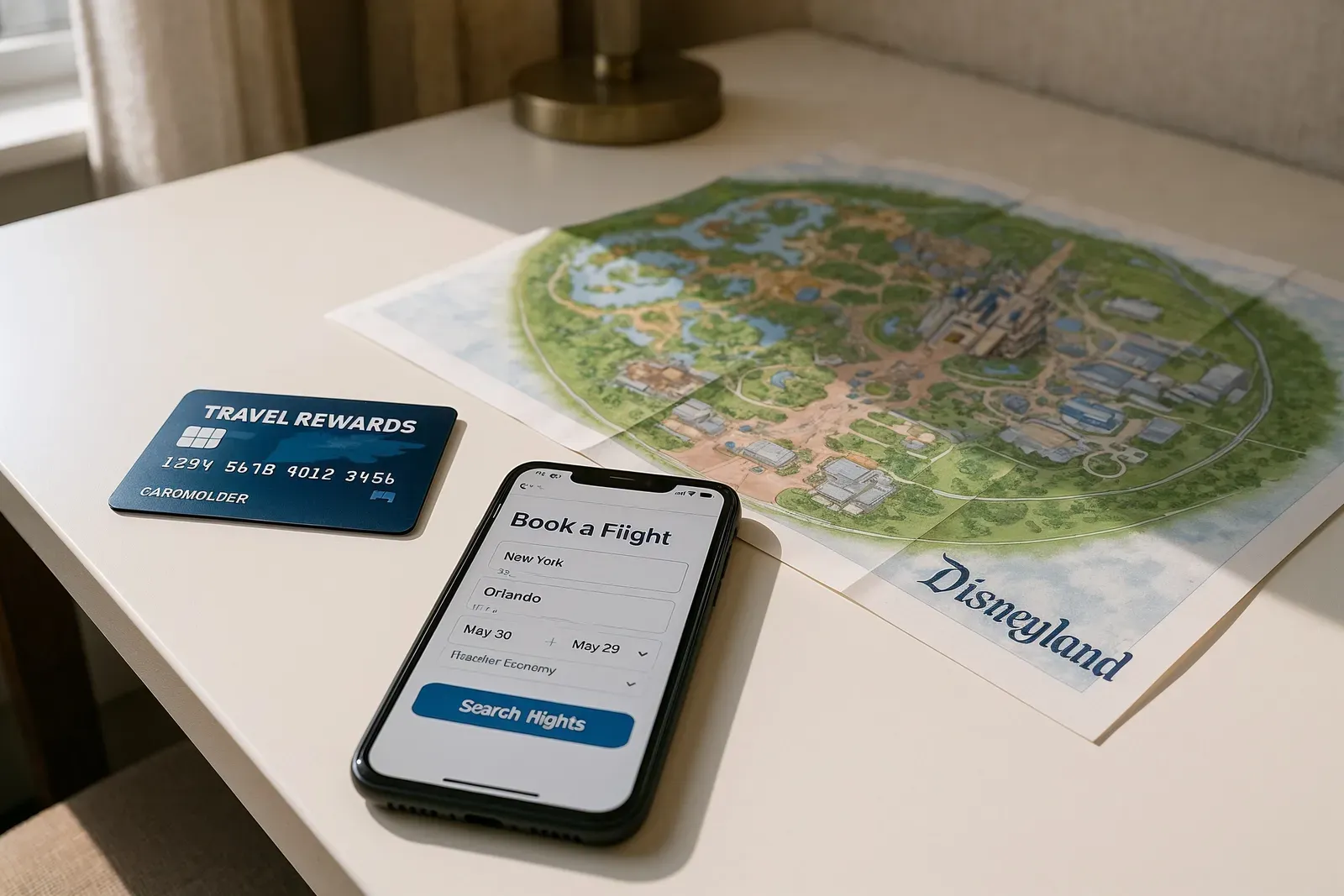 Travel planning for cheapest Disney vacation packages with rewards points using credit card and smartphone