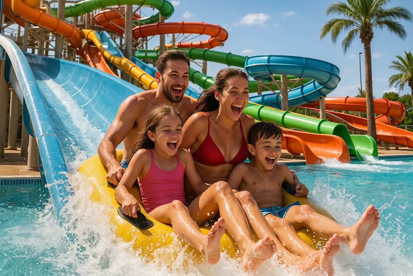 A family enjoying a thrilling water slide at one of the top 10 water parks