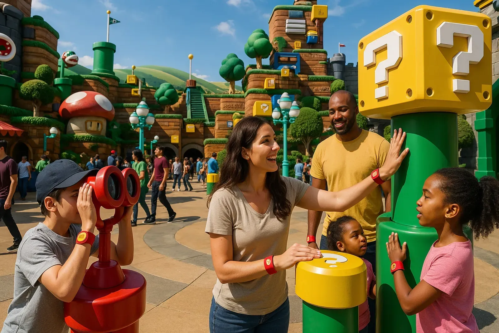 Guests using AR binoculars and Power-Up Bands in Epic Universe Mario Land grand opening details