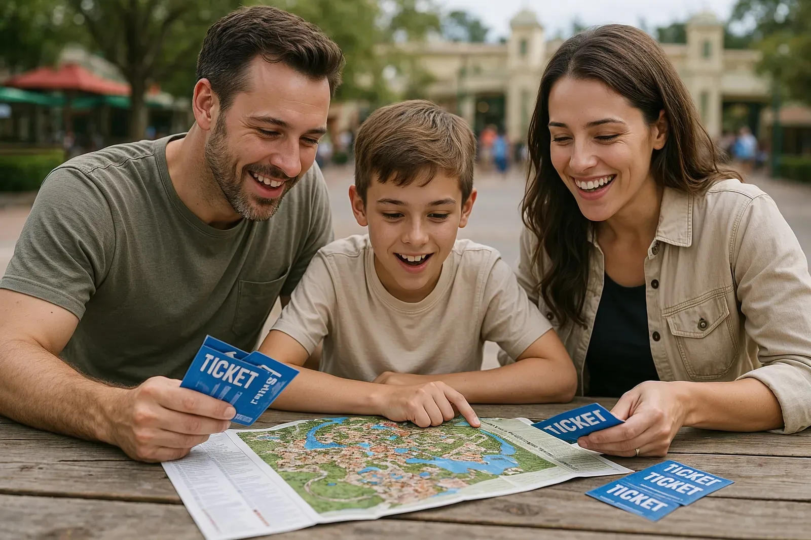 family discussing best value theme park tickets according to guests