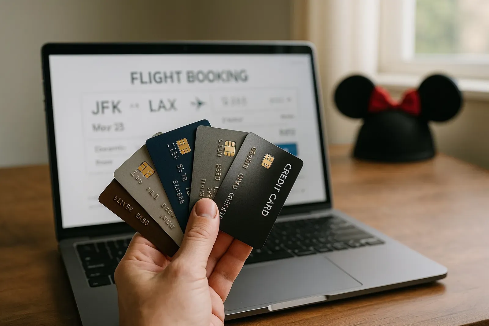 best travel credit cards for disney fans - traveler holding credit cards near laptop with Disney souvenir