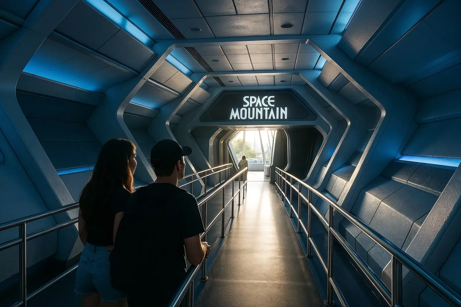 Space Mountain queue in the early morning showing minimal wait times and excited guests ready to ride, illustrating the best time of day to ride space mountain.