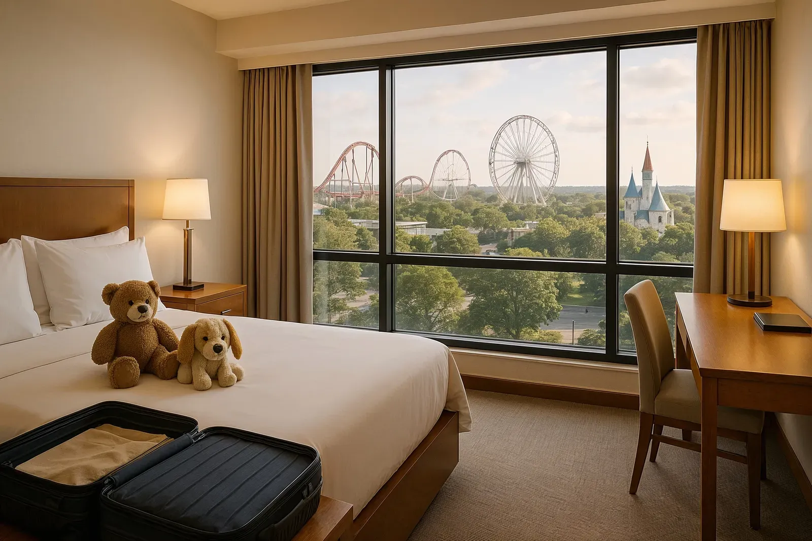Modern hotel room with theme park view representing how to use points for Disney hotel stays