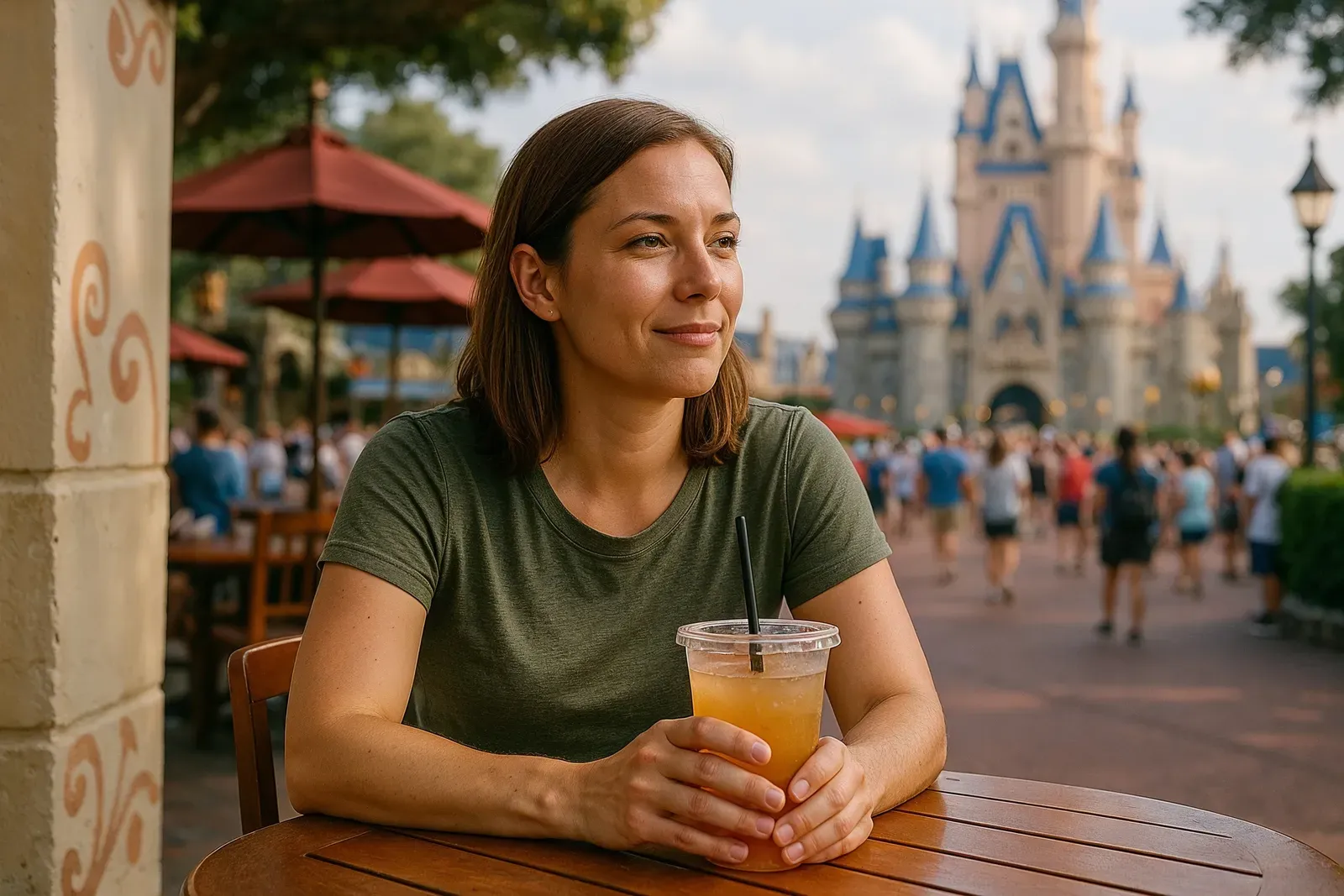 A woman enjoying a solo trip to Disney World as an adult, relaxing at a park lounge