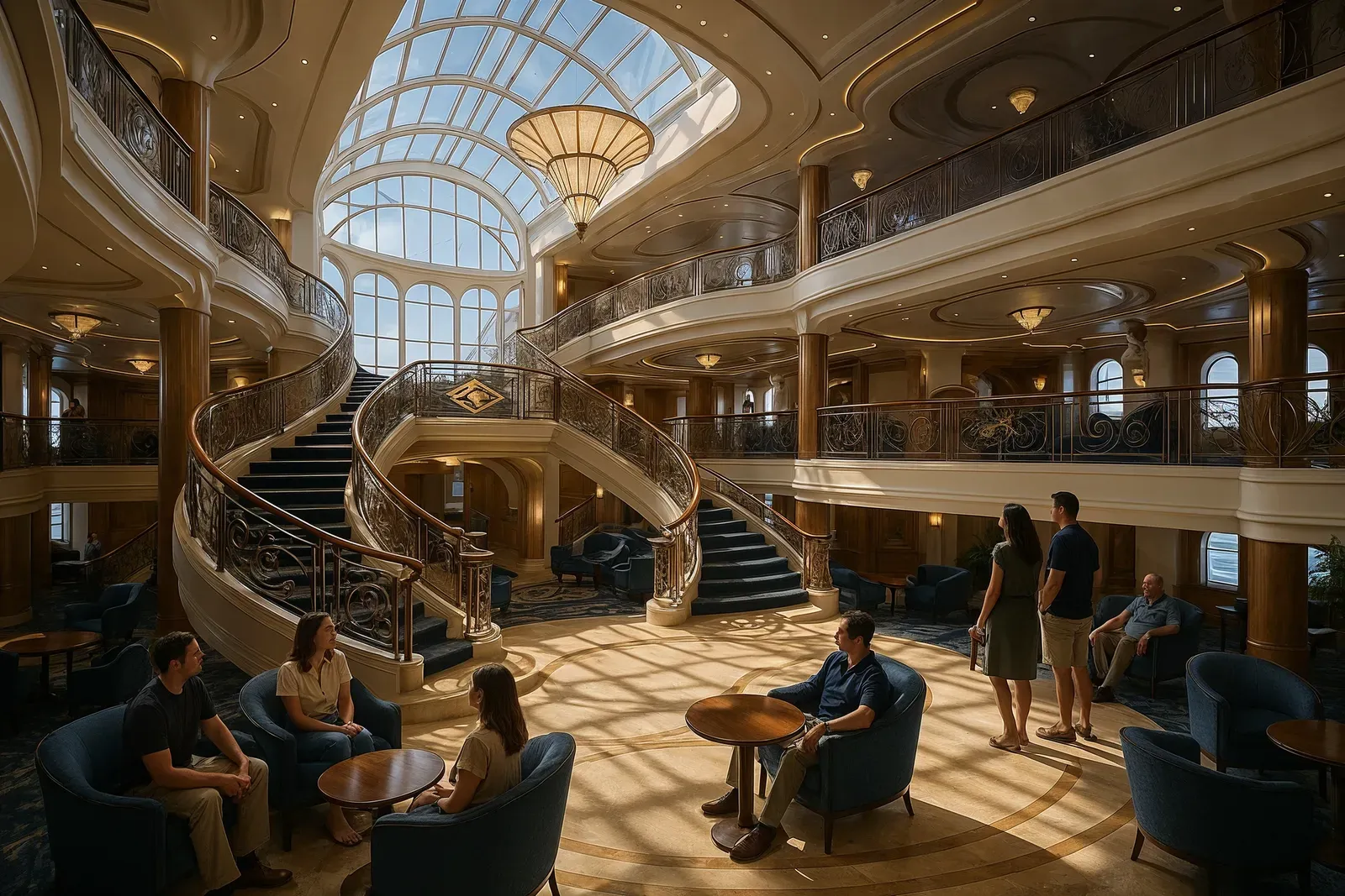 Grand atrium interior of a newly launched Disney cruise ship filled with guests, highlighting the elegance and excitement of disney cruise line new ship launch.