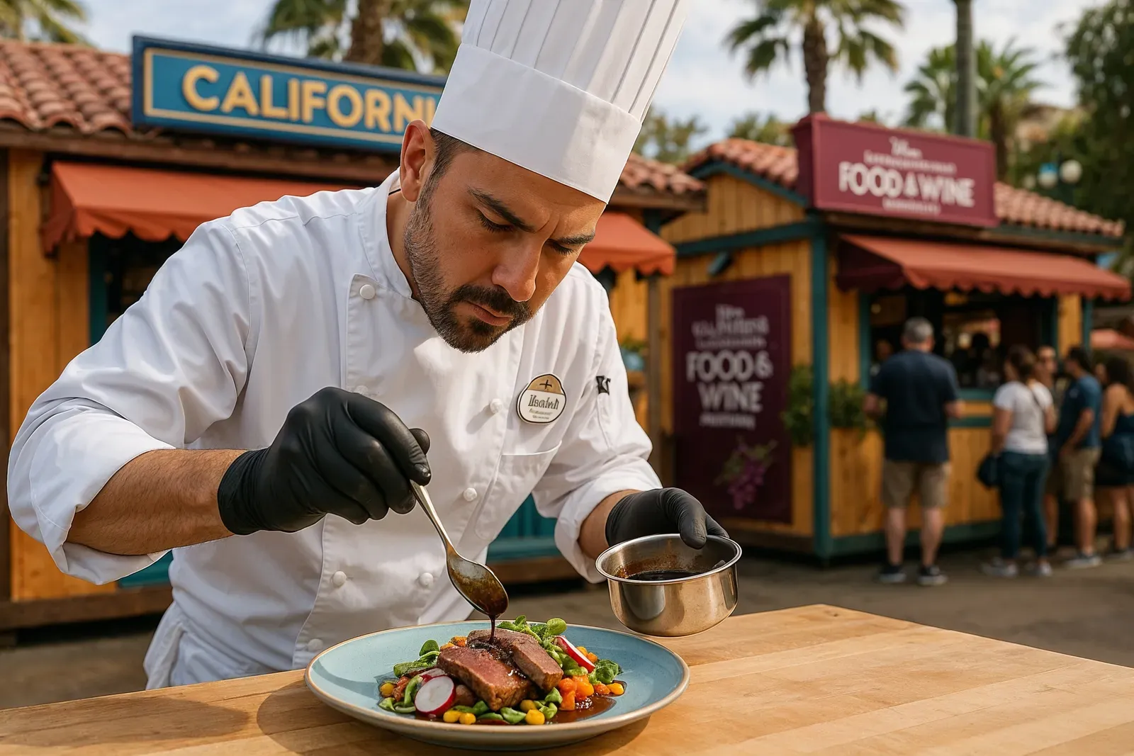 Chef preparing gourmet dish at disneyland california adventure food and wine festival