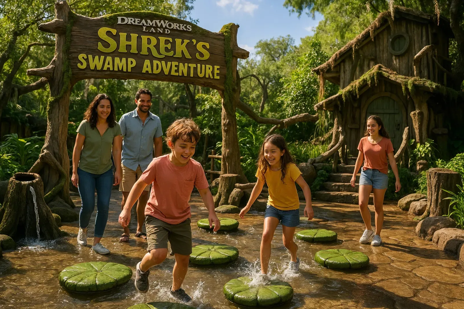 Families enjoying Shrek's Swamp Adventure at Universal Studios DreamWorks Land on opening date