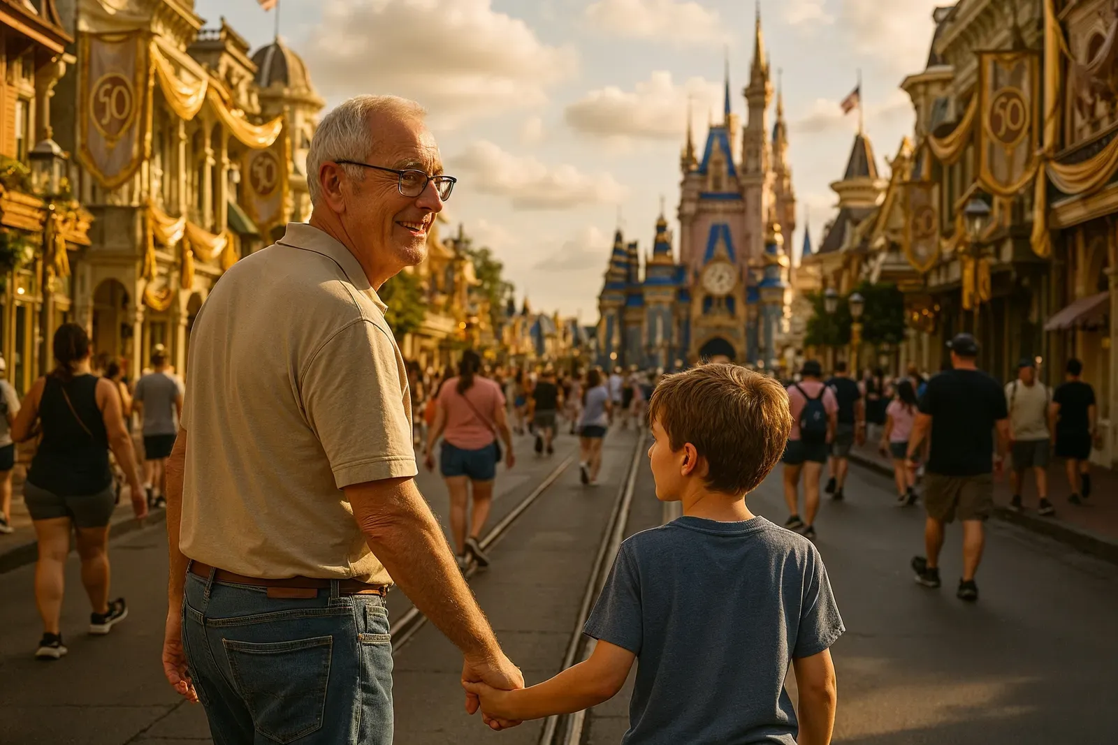 Family enjoying Disney World 50th anniversary history facts with golden decorations