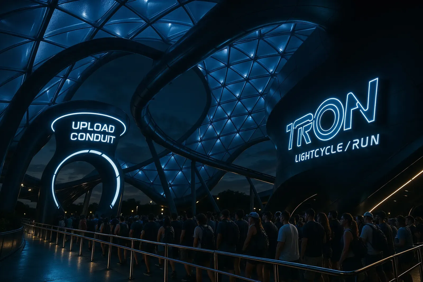 TRON Lightcycle Run queue area with Upload Conduit canopy and guests at Magic Kingdom