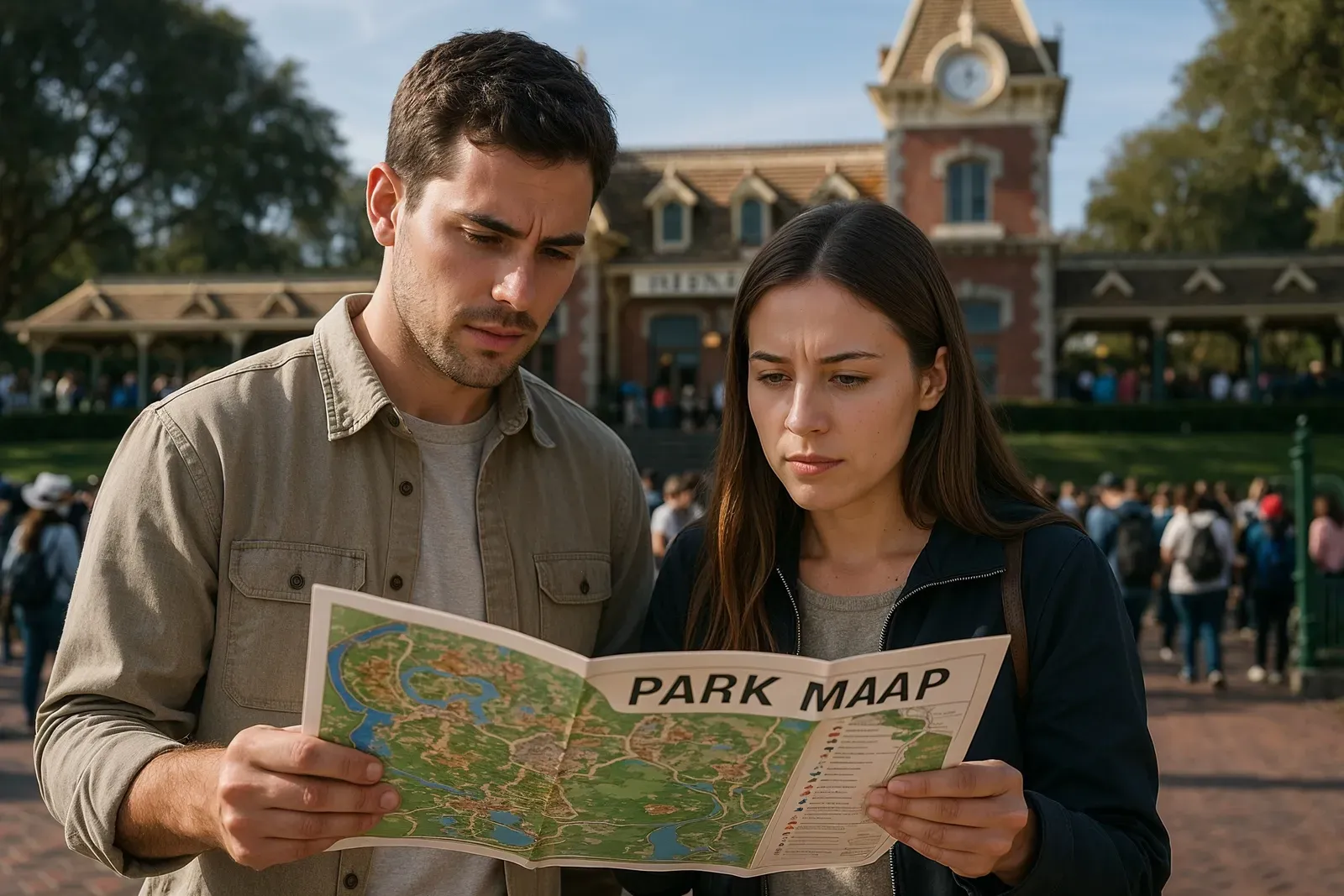 disneyland first timer tips couple planning at park entrance