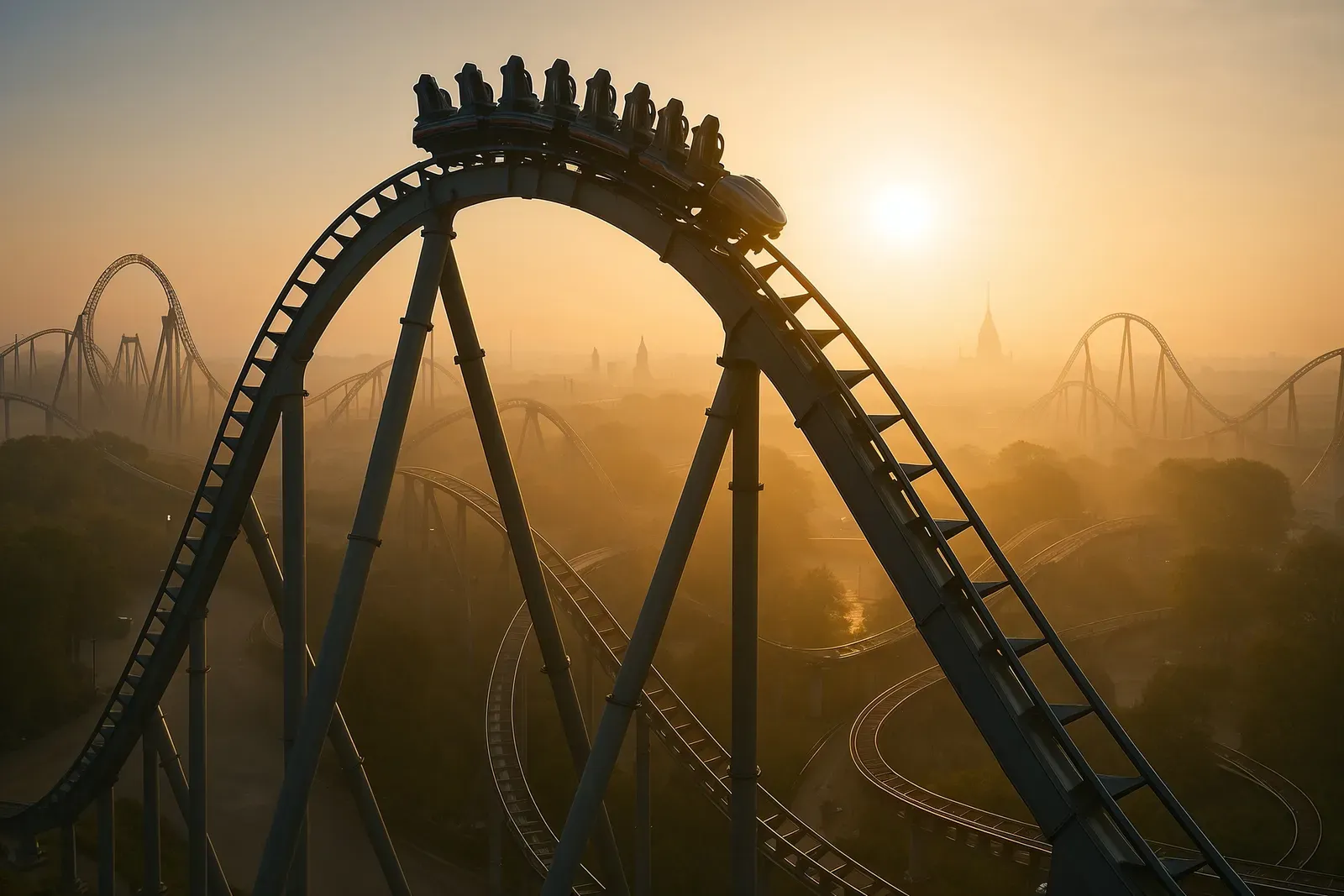 roller coaster train cresting a hill at sunrise representing universal best roller coasters ranked
