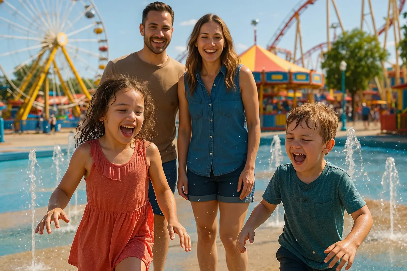 Family enjoying water splash pad at best theme park events for kids in summer