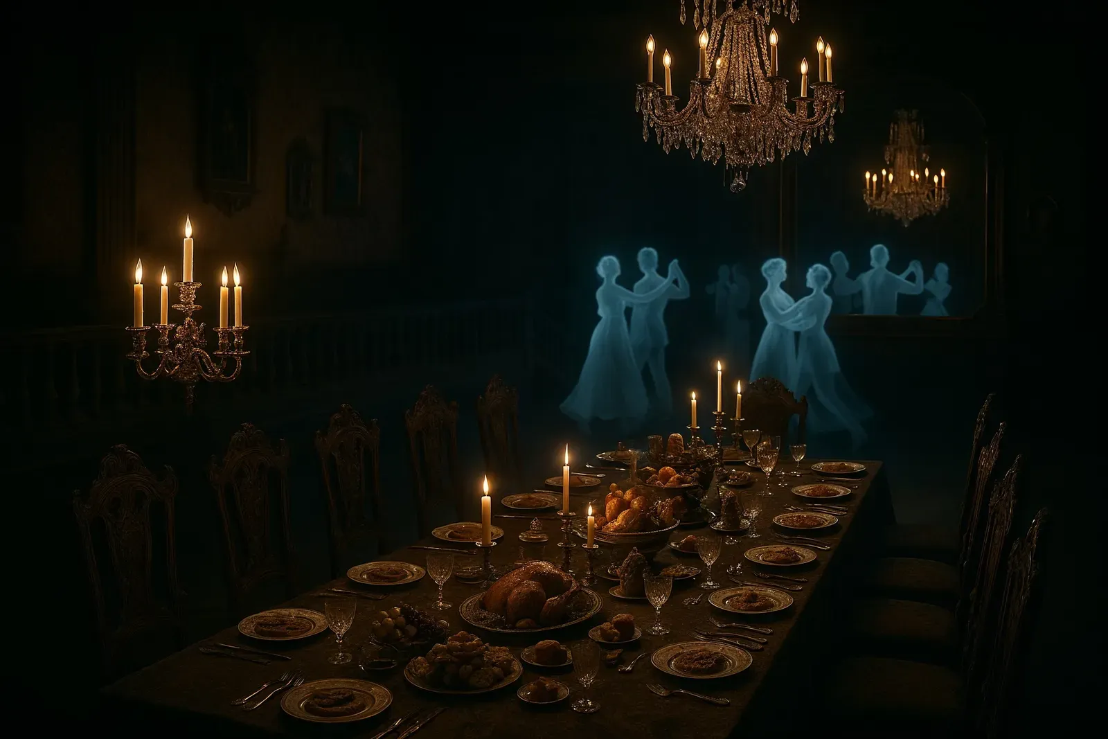haunted mansion ride review disneyland ballroom scene with ghostly figures