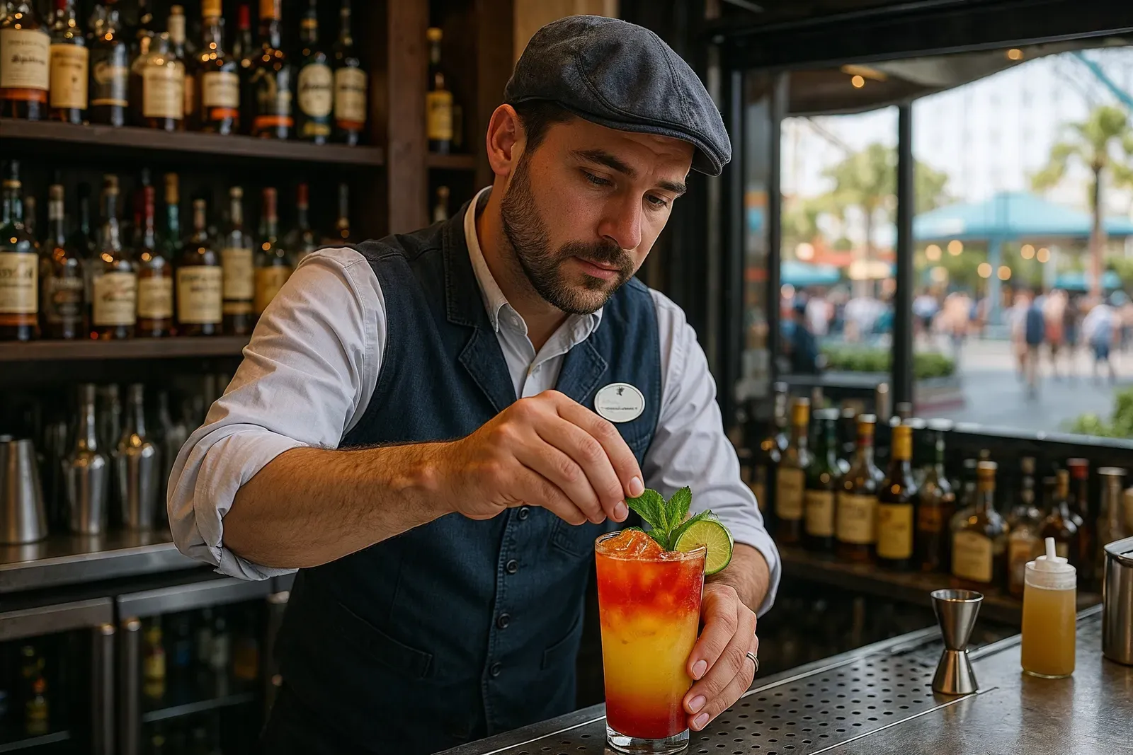 Bartender preparing a signature cocktail at Lamplight Lounge to-go bar, Disney California Adventure best cocktails