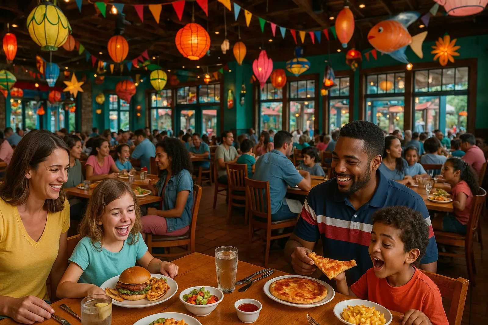 family enjoying a meal at one of the best kid friendly restaurants in disney springs