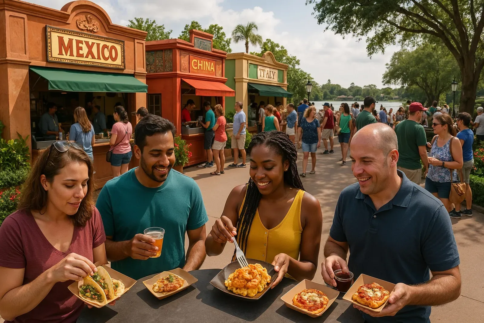 Festival food booths and visitors sampling cuisine during disney world epcot world showcase walking tour