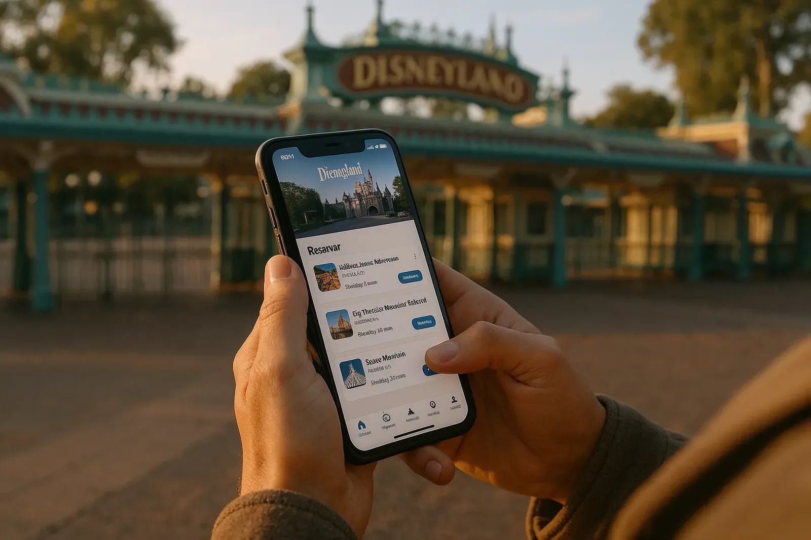 Guest using Disneyland app at park entrance for how to use Genie Plus effectively at Disneyland