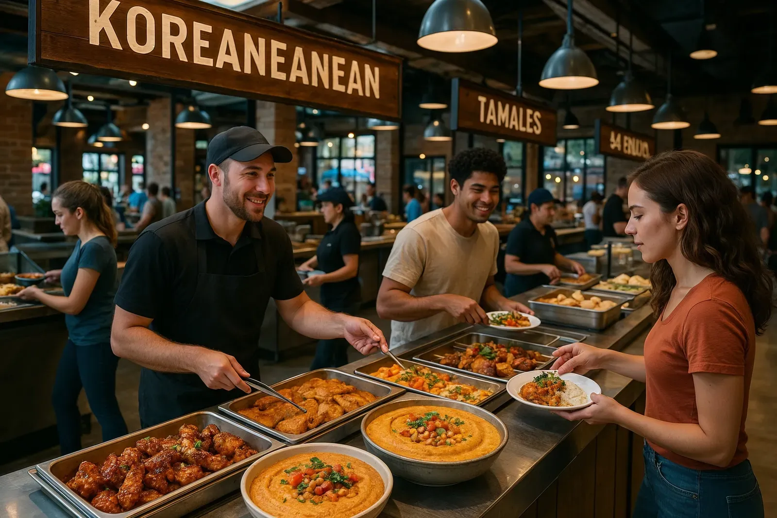 A vibrant, hyper-realistic scene of a theme park food hall showcasing global cuisine stations reflecting industry trends in theme park food menus