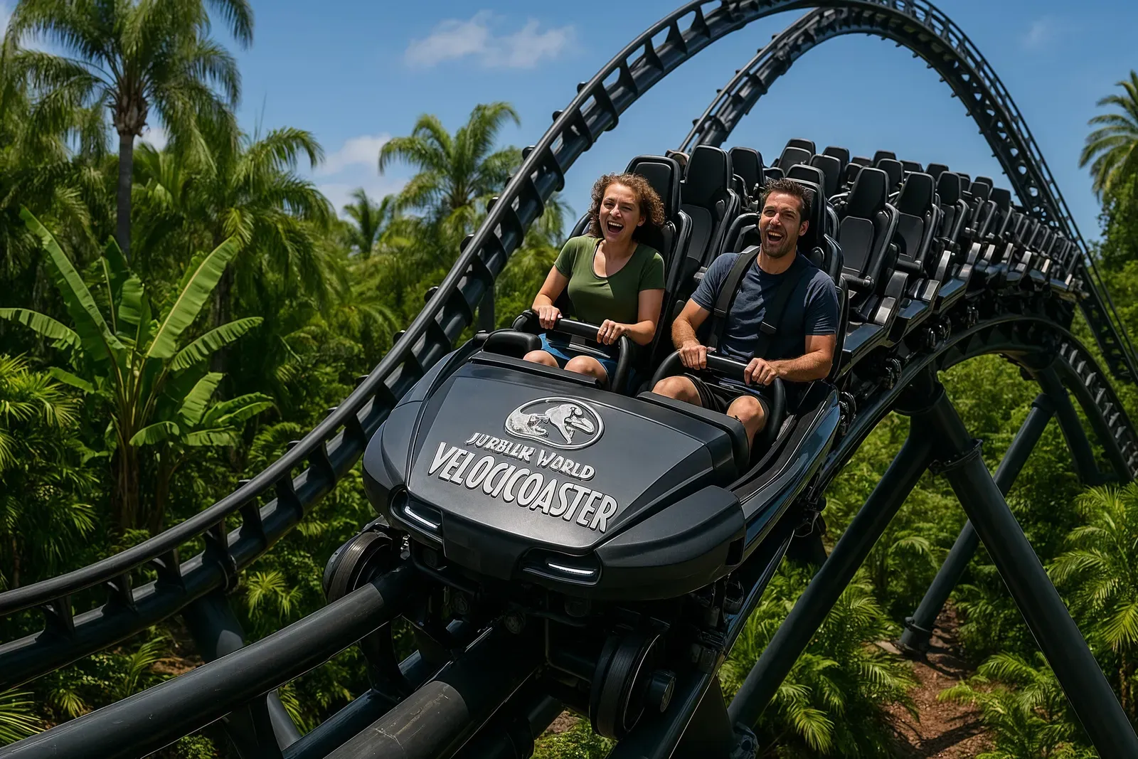 best roller coaster at universal studios review showing VelociCoaster train launching through jungle landscape