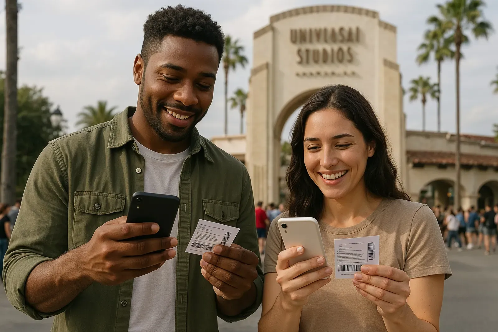 universal studios money saving hacks couple using digital tickets at park entrance