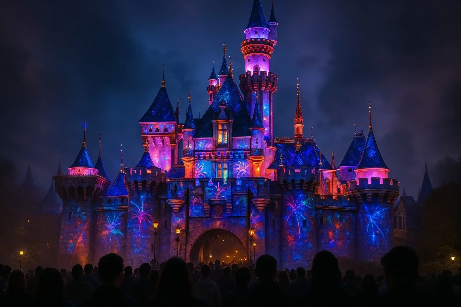 projection mapping and LED lighting at a theme park castle showing the evolution of fireworks shows at disney parks