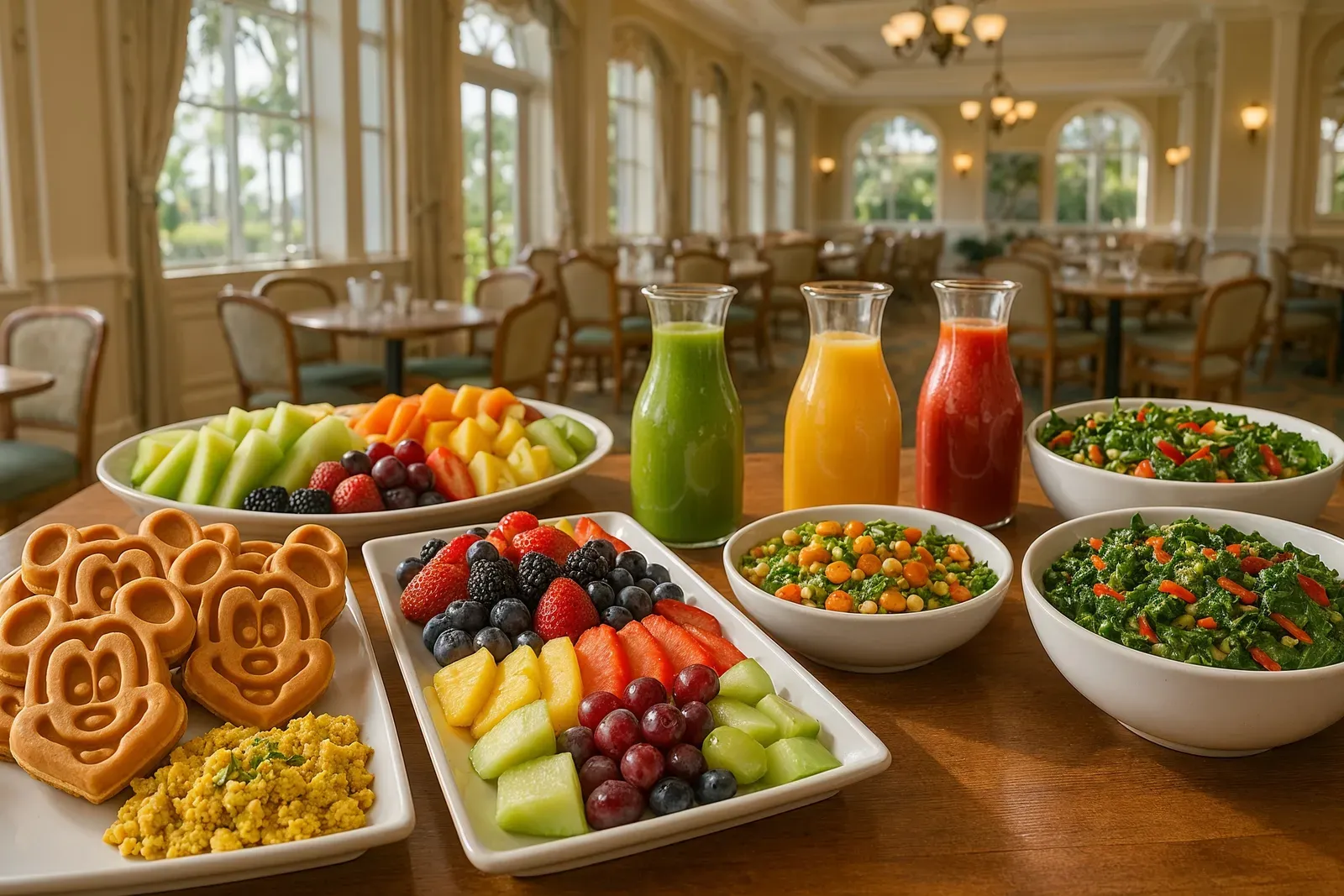 Vegan breakfast buffet with Mickey-shaped waffles at Disney World resort