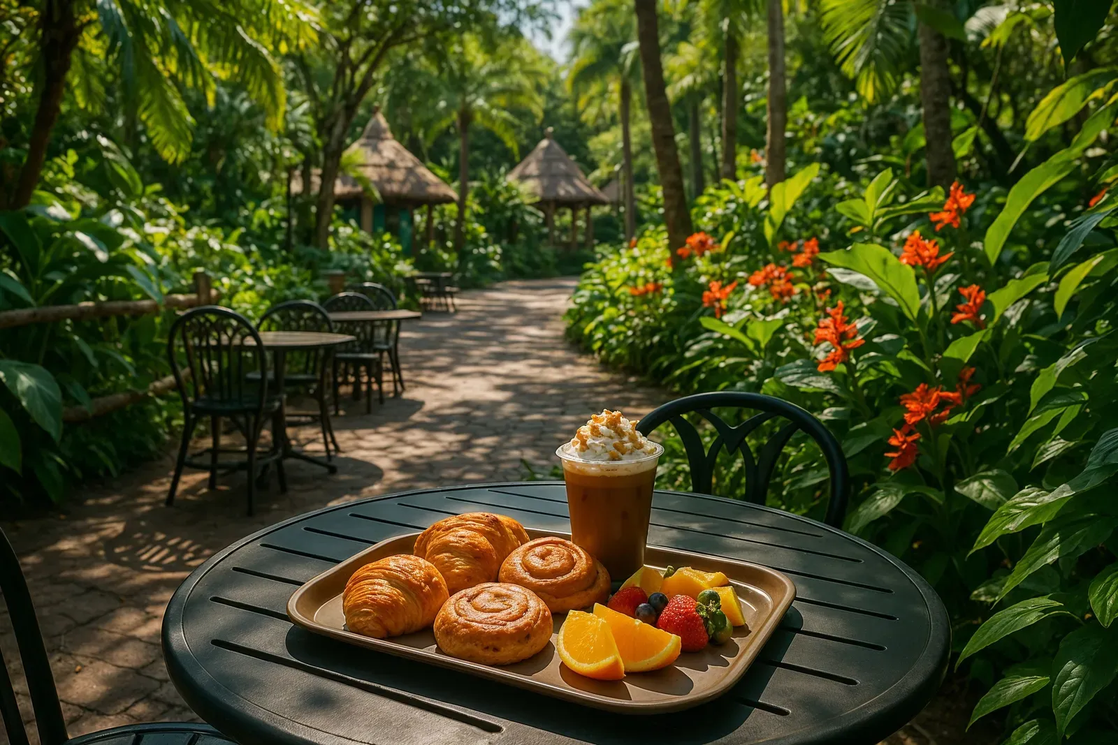 animal kingdom best breakfast spots outdoor seating with breakfast tray and tropical plants