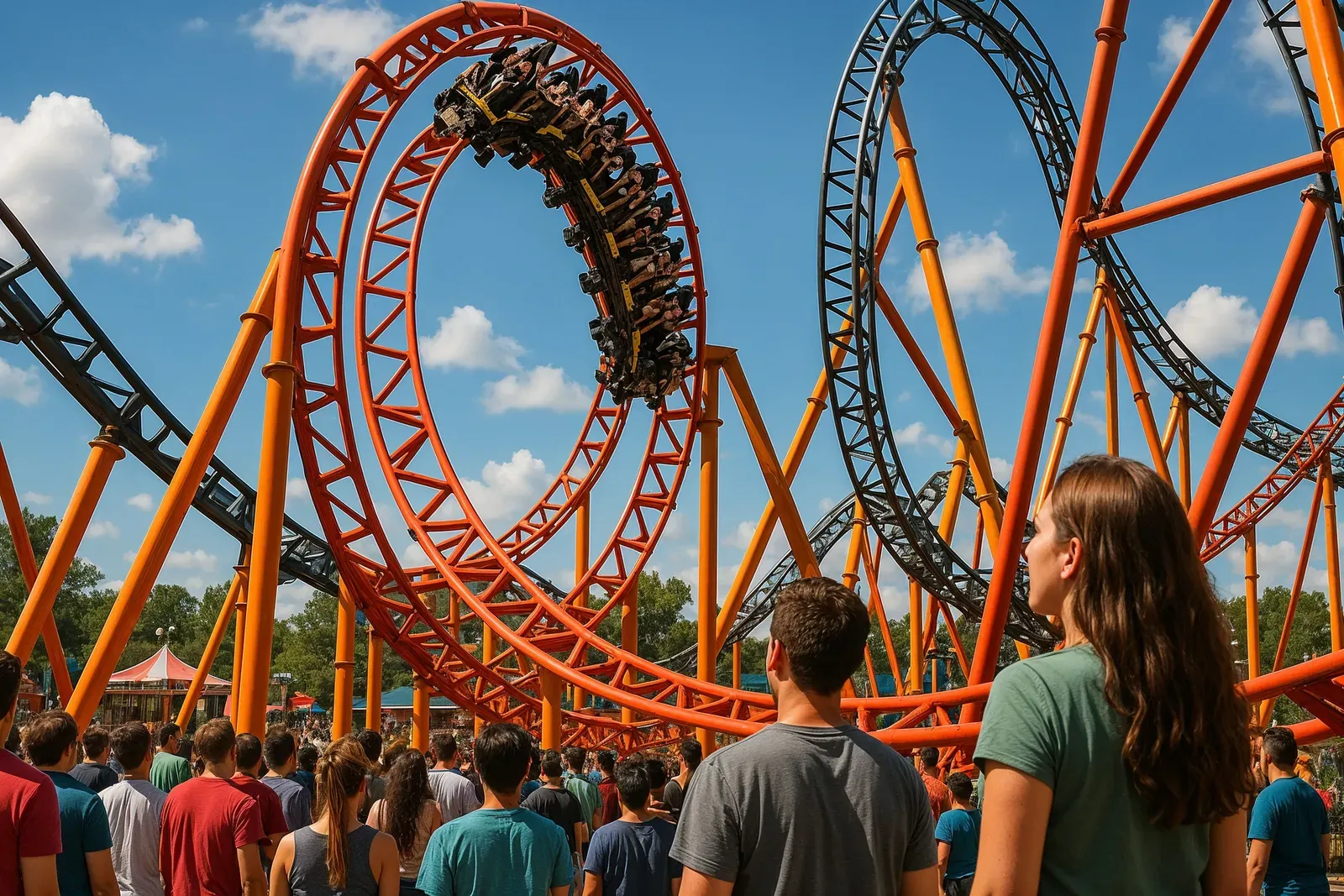 Excited guests watching the best new rides coming to six flags as a sleek steel roller coaster launches at a Six Flags park