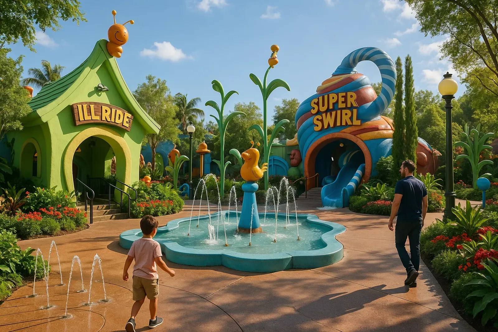 A hyper-realistic view of universal studios new attractions featuring DreamWorks Land with vibrant themed areas and lush landscaping