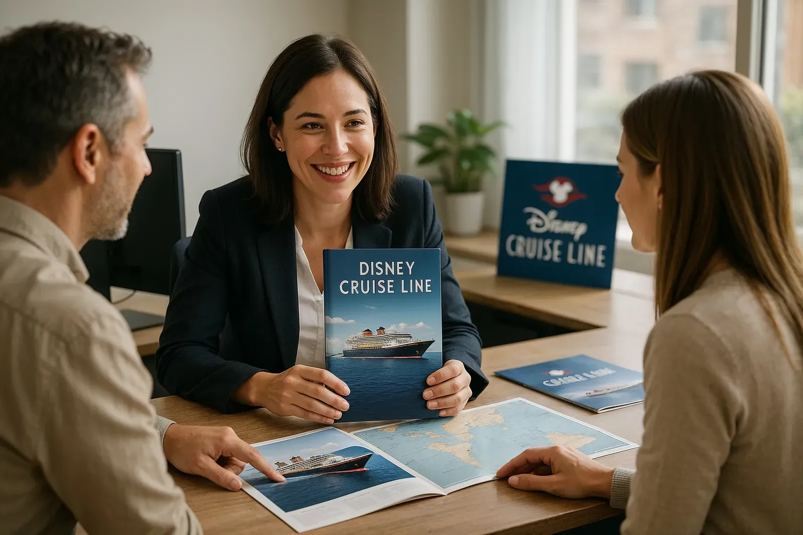 Professional travel agent assisting couple with how to get cashback on Disney cruise bookings