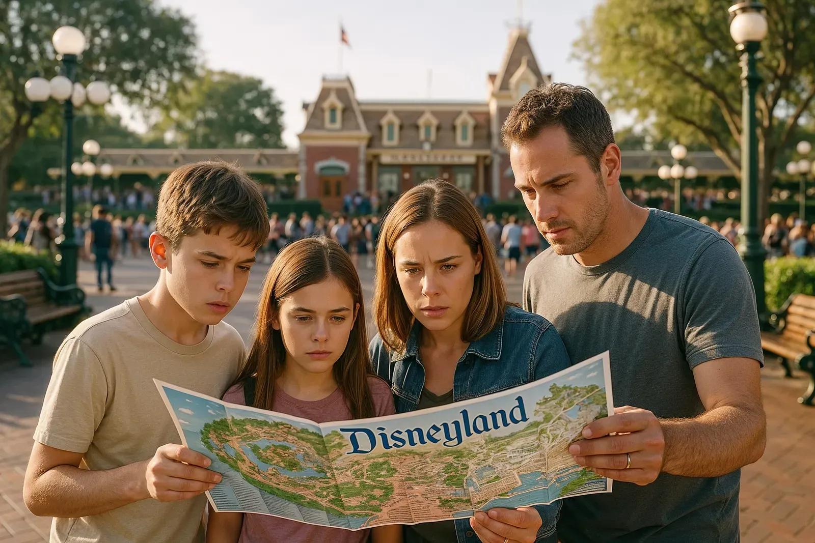 A family planning how to park hop at disneyland efficiently near the park entrance